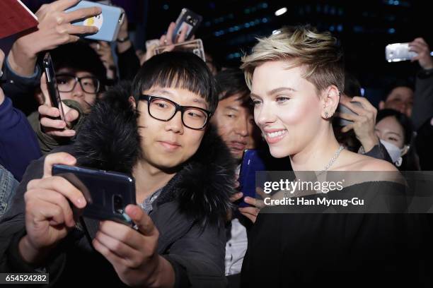 Scarlett Johansson takes a selfie with fan the Korean Red Carpet Fan Event of the Paramount Pictures release "Ghost In The Shell" at Lotte World...