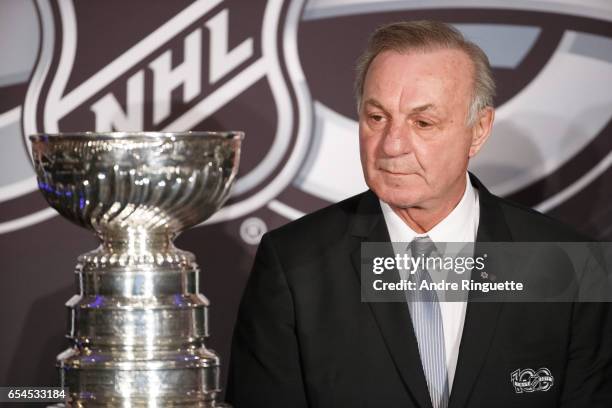 Guy Lafleur looks on as he stands with the Stanley Cup during the 2017 Scotiabank NHL 100 Classic announcement at the Chateau Laurier on March 17,...