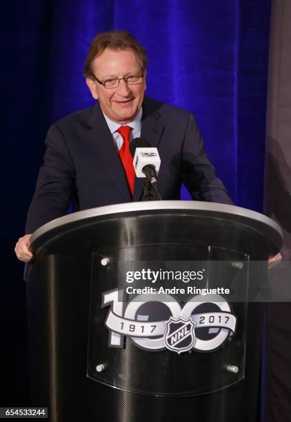 Ottawa Senators Owner, Governor & Chairman Eugene Melnyk speaks during the 2017 Scotiabank NHL 100 Classic announcement at the Chateau Laurier on...