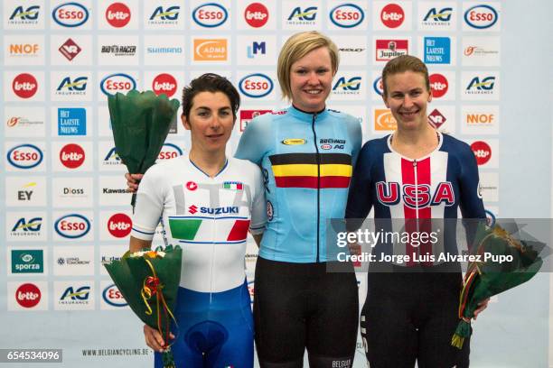 Giorgia Bronzini of Italy, Jolien D'Hoore of Belgium and Sarah Hammer of the United States pose for pictures during the award ceremony of the Women's...