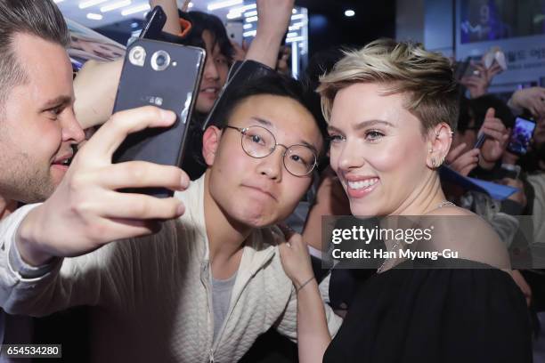 Scarlett Johansson takes a selfie with fan the Korean Red Carpet Fan Event of the Paramount Pictures release "Ghost In The Shell" at Lotte World...