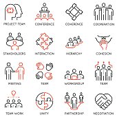 Vector set of 16 linear quality icons related to team work, career progress and business process