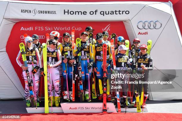 Team Germany takes 2nd place, Team Sweden takes 1st place, Team France takes 3rd place during the Audi FIS Alpine Ski World Cup Finals Nation Team...