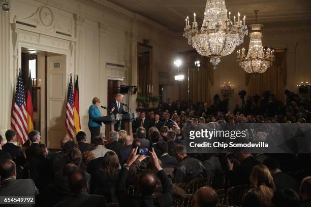 President Donald Trump holds a joint press conference with German Chancellor Angela Merkel in the East Room of the White House on March 17, 2017 in...