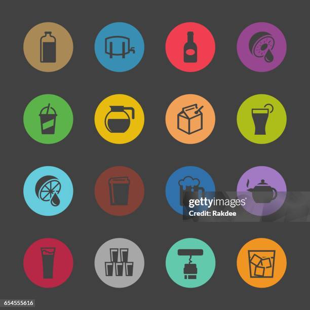 drink icons set 3 - color circle series - fruit juice bottle stock illustrations