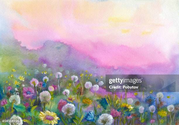 watercolor blooming valley - spring flowers stock illustrations