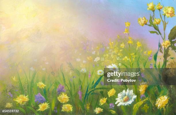 flowering meadow, watercolor painting - oil painting flowers stock illustrations