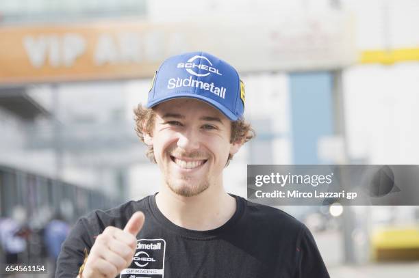 Philipp Oettl of Germany and Sudmetal Schedl GP Racing greets in paddock during the Moto2 And Moto3 Tests In Losail at Losail Circuit on March 17,...