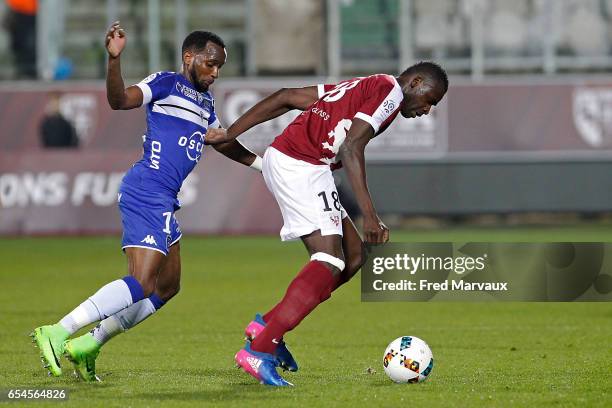 Lenny Nangis of Bastia and Check tidiane Diabate of Metz during the Ligue 1 match between Fc Metz and SC Bastia at Stade Saint-Symphorien on March...