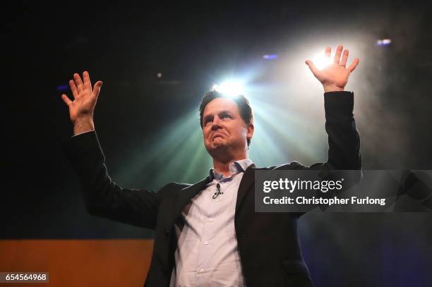 Nick Clegg MP addresses delegates during a rally on the first day of the Liberal Democrats spring conference at York Barbican on March 17, 2017 in...