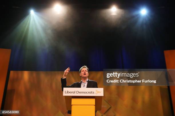 Nick Clegg MP addresses delegates during a rally on the first day of the Liberal Democrats spring conference at York Barbican on March 17, 2017 in...