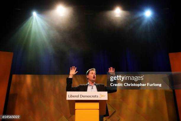 Nick Clegg MP addresses delegates during a rally on the first day of the Liberal Democrats spring conference at York Barbican on March 17, 2017 in...