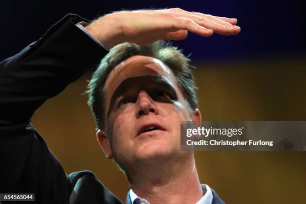 Nick Clegg MP addresses delegates during a rally on the first day of the Liberal Democrats spring conference at York Barbican on March 17, 2017 in...
