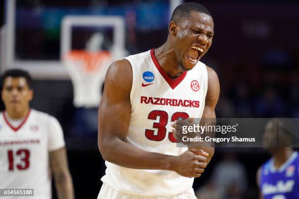 Moses Kingsley of the Arkansas Razorbacks reacts in the second half against the Seton Hall Pirates in the first round of the 2017 NCAA Men's...