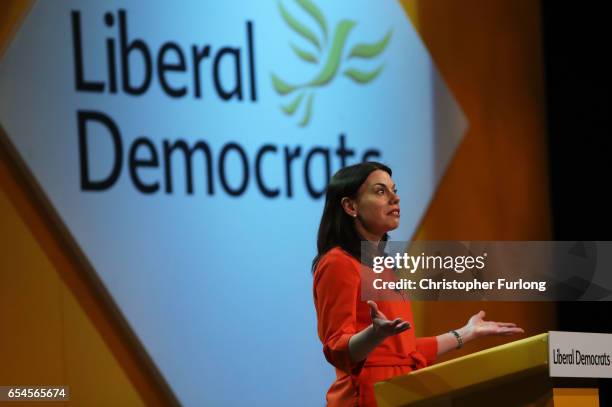 Sarah Olney, Member of Parliament for Richmond Park addresses delegates during a rally on the first day of the Liberal Democrats spring conference at...