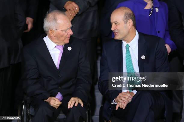 German Finance Minister Wolfgang Schaeuble talks to Federico Sturzenegger, president of the Central Bank of Argentina during the family photo during...