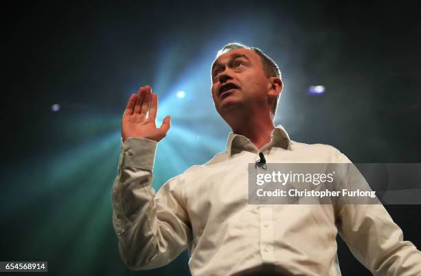 Liberal Democrats party leader, Tim Farron addresses delegates during a rally on the first day of the Liberal Democrats spring conference at York...