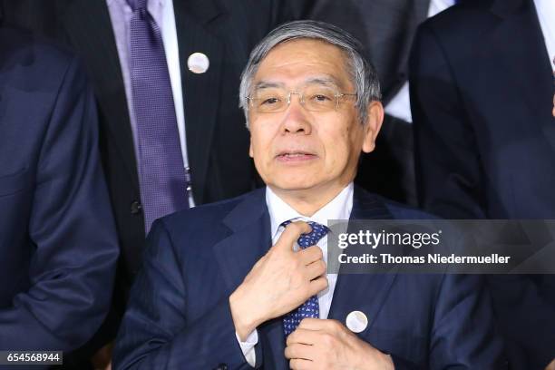 Governor of the Bank of Japan Haruhiko Kuroda attends the family photo during the G20 finance ministers meeting on March 17, 2017 in Baden-Baden,...