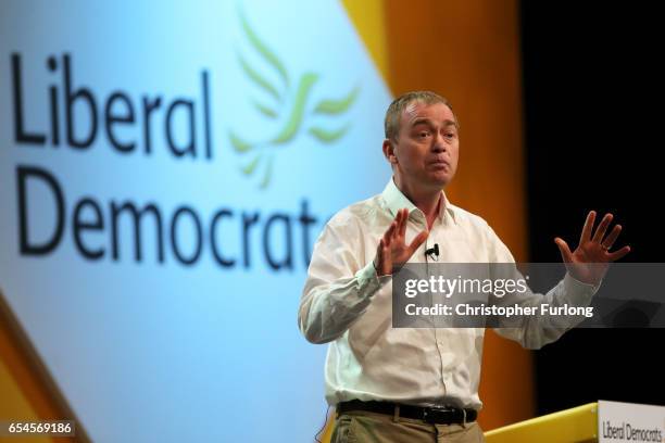 Liberal Democrats party leader, Tim Farron addresses delegates during a rally on the first day of the Liberal Democrats spring conference at York...