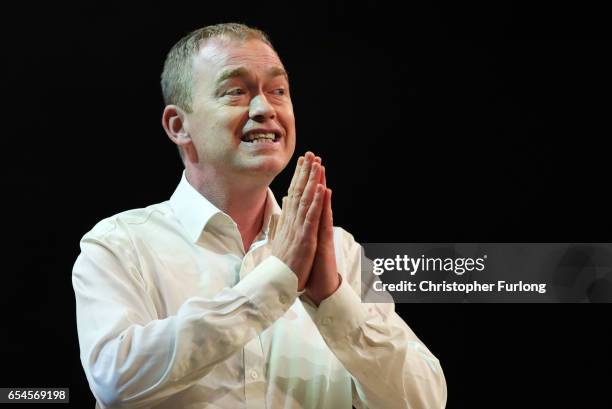 Liberal Democrats party leader, Tim Farron addresses delegates during a rally on the first day of the Liberal Democrats spring conference at York...