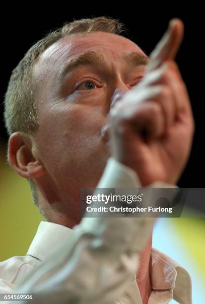 Liberal Democrats party leader, Tim Farron addresses delegates during a rally on the first day of the Liberal Democrats spring conference at York...