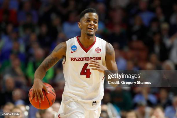 Daryl Macon of the Arkansas Razorbacks celebrates late in the second half against the Seton Hall Pirates in the first round of the 2017 NCAA Men's...