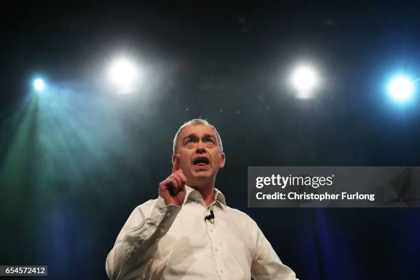 Liberal Democrats party leader, Tim Farron addresses delegates during a rally on the first day of the Liberal Democrats spring conference at York...