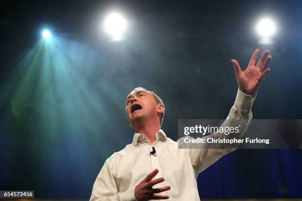 Liberal Democrats party leader, Tim Farron addresses delegates during a rally on the first day of the Liberal Democrats spring conference at York...