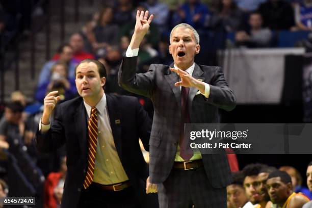 Head coach Andy Enfield of the USC Trojans reacts in the first half against the Southern Methodist Mustangs during the first round of the 2017 NCAA...