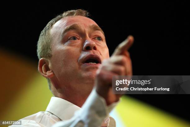 Liberal Democrats party leader, Tim Farron addresses delegates during a rally on the first day of the Liberal Democrats spring conference at York...