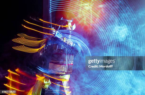 led glowing trace of samurai dance - light trace stock pictures, royalty-free photos & images