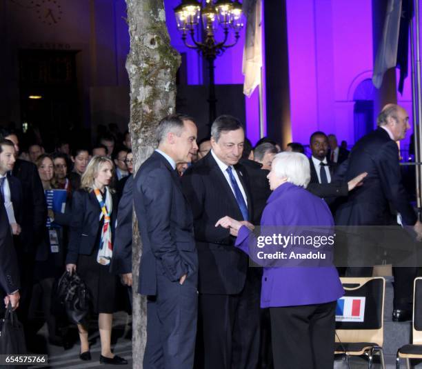 Governor of the Bank of England, Mark Carney chats with the Chair of the US's Federal Reserve Janet Yellen and President of the European Central...
