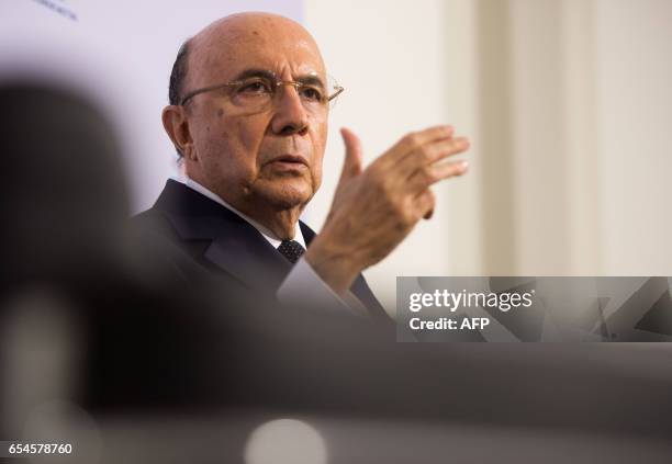 Brazilian Finance Minister Henrique Meirelles speaks at the G20 Finance Ministers and Central Bank Governors Meeting in Baden-Baden, southern...