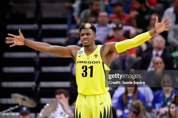 Dylan Ennis of the Oregon Ducks reacts in the second half against the Iona Gaels during the first round of the 2017 NCAA Men's Basketball Tournament...