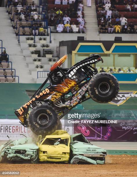 Monster truck performs during the Monster Jam show at the King Fahad stadium in the Saudi capital Riyadh on March 17, 2017. Monster Jam, the US-based...