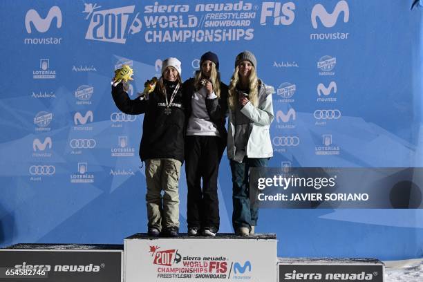 Silver medalist Finn snowboarder Enni Rukajarvi, gold medalist Austrian snowboarder Anna Gasser and bronze medalist Norwegian snowboarder Silje...