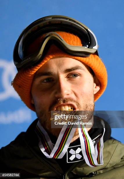 Roope Tonteri of Finland celebrate the gold medal in the Men's Snowboard Big Air final on day 10 of the FIS Freestyle Ski and Snowboard World...