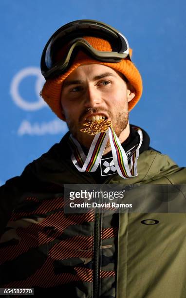 Roope Tonteri of Finland celebrate the gold medal in the Men's Snowboard Big Air final on day 10 of the FIS Freestyle Ski and Snowboard World...