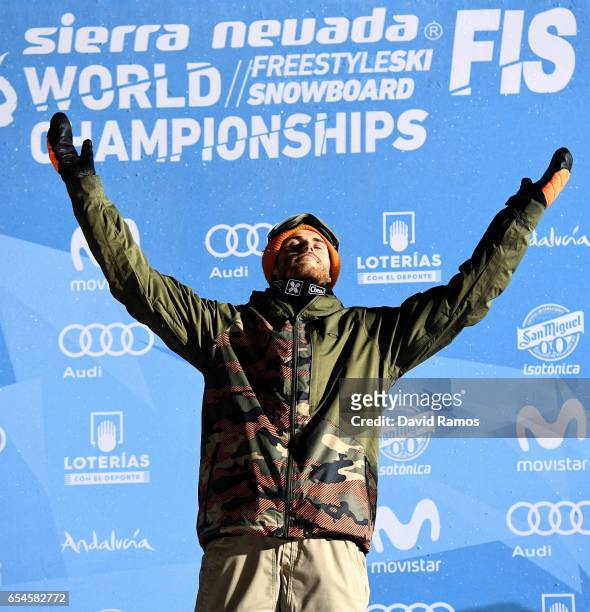 Roope Tonteri of Finland celebrate the gold medal in the Men's Snowboard Big Air final on day 10 of the FIS Freestyle Ski and Snowboard World...