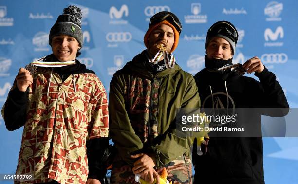 Sven Thorgren of Sweden , Roope Tonteri of Finland and Chris Corning of USA celebrate their medal in the Men's Snowboard Big Air final on day 10 of...