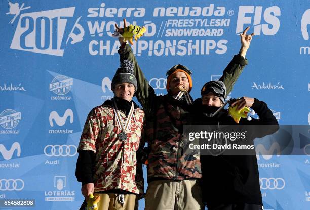 Sven Thorgren of Sweden , Roope Tonteri of Finland and Chris Corning of USA celebrate their medal in the Men's Snowboard Big Air final on day 10 of...