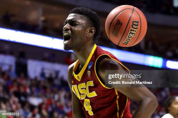 Chimezie Metu of the USC Trojans reacts after a play in the second half against the Southern Methodist Mustangs during the first round of the 2017...