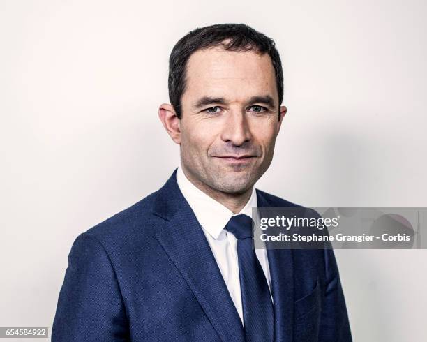 March 05: Politician Benoit Hamon poses during a photo-shoot on March 05, 2017 in Paris, France.