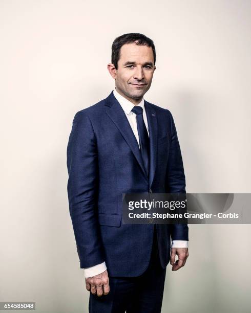 March 05: Politician Benoit Hamon poses during a photo-shoot on March 05, 2017 in Paris, France.