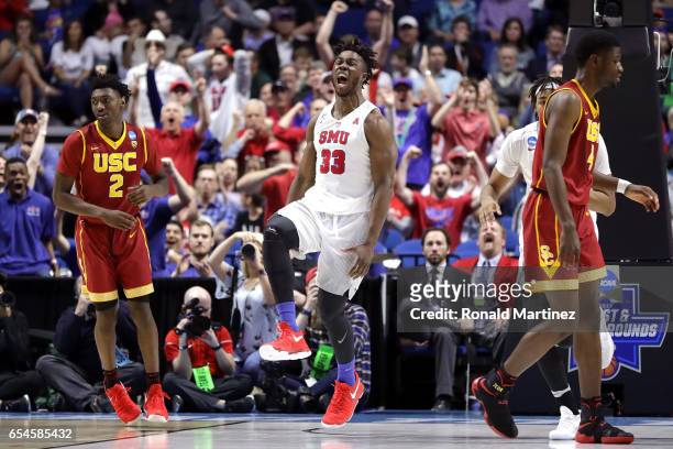Semi Ojeleye of the Southern Methodist Mustangs reacts after a play in the second half against the USC Trojans during the first round of the 2017...