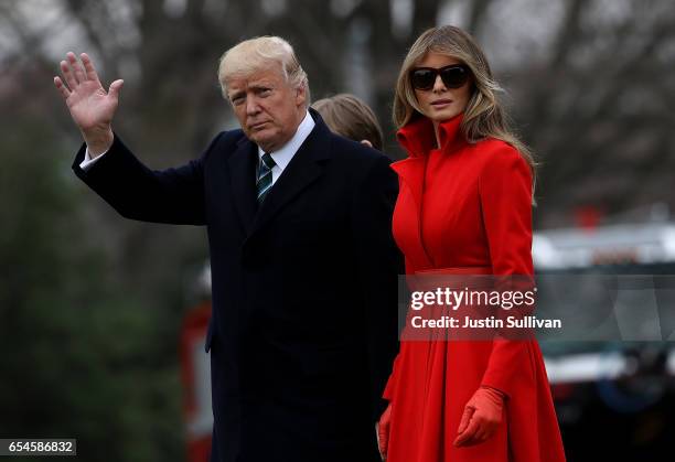 President Donald Trump and First Lady Melania Trump prepare to depart the White House on March 17, 2017 in Washington, DC. President Trump is...
