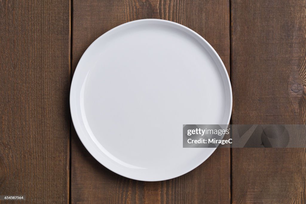 Empty White Plate on Wood Table
