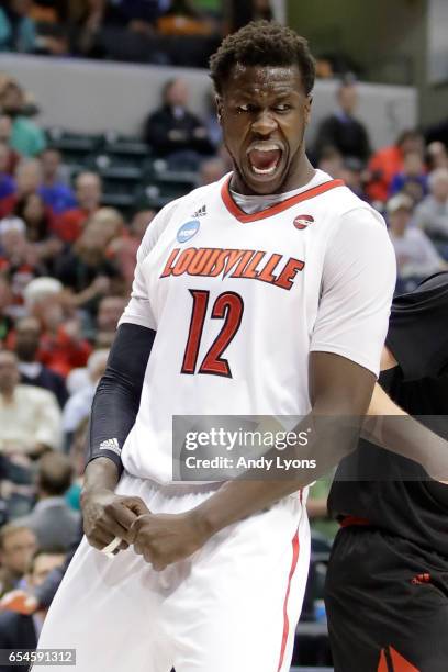 Mangok Mathiang of the Louisville Cardinals reacts against the Jacksonville State Gamecocks during the first round of the 2017 NCAA Men's Basketball...