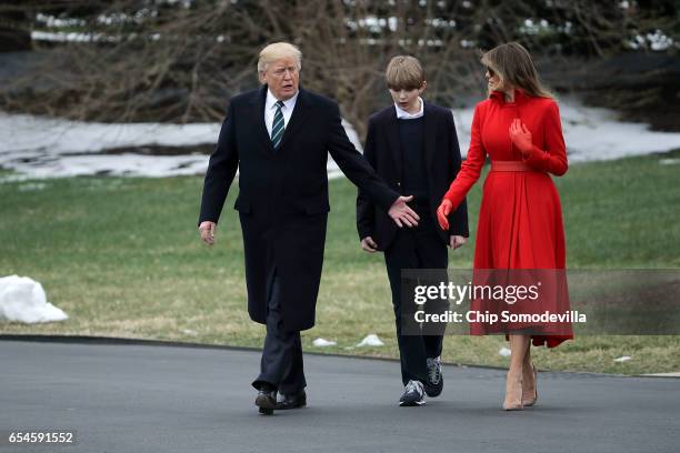 President Donald Trump, first lady Melania Trump and their son Barron Trump depart the White House March 17, 2017 in Washington, DC. The first family...