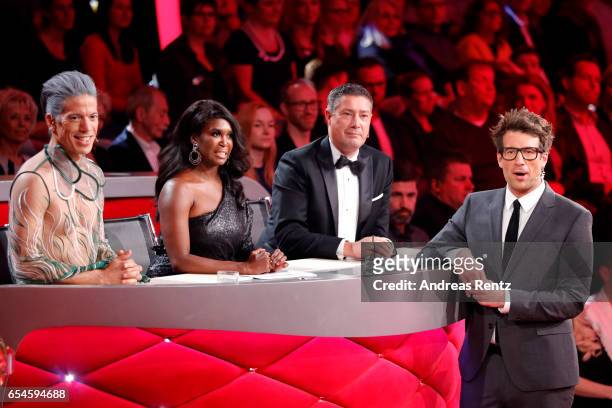 Members of the jury Jorge Gonzalez, Motsi Mabuse and Joachim Llambi talk to Host Daniel Hartwich during the 1st show of the tenth season of the...